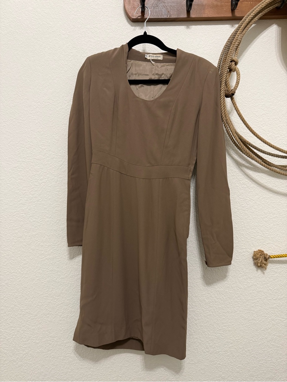 90s Giorgio Armani Le Collezioni Taupe 100% Silk Long Sleeve Dress